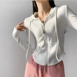Drespot- Vintage Zip Up Cropped Hoodies Women Korean Style Streetwear Hooded Sweatshirts Kpop Solid Color Y2k Long Sleeve Tops