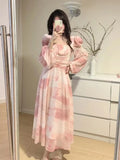 Drespot French Vintage Long Sleeve Floral Midi Dress 2024 Summer Elegant Party Pink Dress Woman Casual Fashion Chic Beach Chiffon Dress