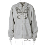 Drespot Oversized Butterfly Graphic Rhinestone Zip Up Hoodies