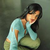 Drespot Sweater Knit Bodysuit Top Cut Out Sleeve Bodycon Slim Sweatershirt V Neck Blue Elegant Clothes Fall Ladies