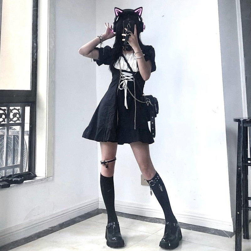 Drespot Goth Maid Dress Kawaii Gothic Milkmaid  Lolita Outfit Cosplay Costume E Girl Puff Sleeve Bandage Dress  Mall Goth Emo