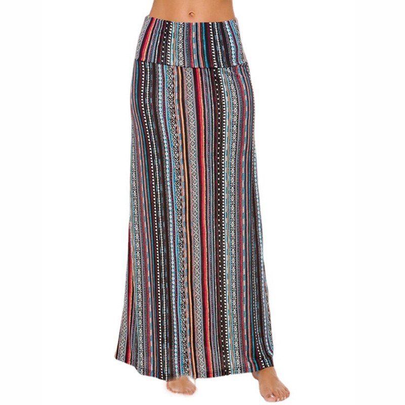 Print Maxi Skirt Women High Waist Boho A-Line Skirt Vintage Casual Beach Faldas Female Elastic Waist Holiday Long Bohemian Skirt
