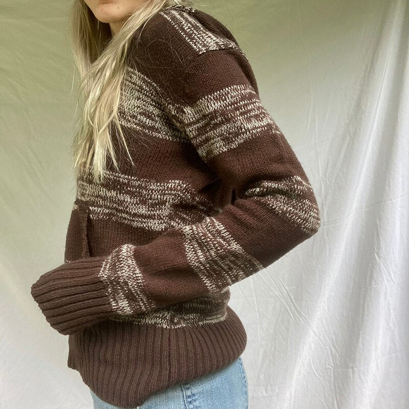 Striped Pockets Hooded Sweater Women Loose Brown Knitted Hoodie Jumpers Retro Korean Style Knitwear Casual Sweaters Iamhotty