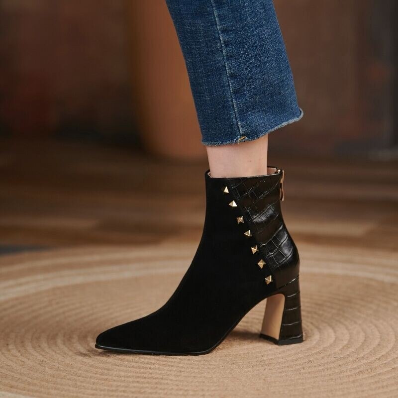 Drespot  Rivet Women's Boots Pointed Toe High Square Heel Velvet Ladies Ankle Boots Winter Office Lady Sexy Fashion Gentle Female Shoes