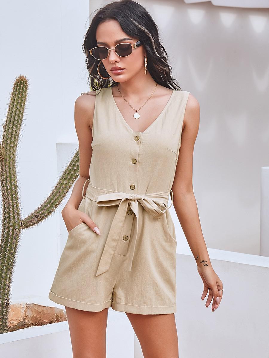 Drespot Women Cotton Casual Jumpsuit Beige Summer Womens Single-breasted Lace-up Tank Top And Wide Leg Pants Jumpsuit Loose Playsuits