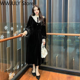 Drespot Drespot  Drespot  French Lace Up Velvet Dress Women Long Sleeve Black Midi Dress Retro Evening Party One Piece Dress Korean Fahsion  Winter