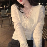 Drespot Casual Lace V-Neck Blouse Women  Spring Long Sleeve Party Sexy Base Shirt Female Korea Style Elegant Office Lady Slim Tops