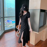 Summer Black Midi Dress Women Puff Sleeve French Style Side-split Elegant Slender Dresses Square Collar Streetwear Chic Design