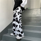 Drespot Winter Cow Print Pants Women Korean Style Fashion Milk Palazzo Pants Harajuku Wide Cargo Pants Straight Trousers Women