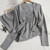 Drespot  High Quality Knitted Two Piece Set Women Crop Top Sweater Cardigan + Sexy Spaghetti Strap Long Dress Suits Sweet 2 Piece Set