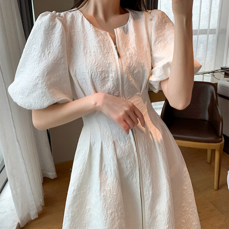 Drespot Vintage French Holiday White Dress Short Puff Sleeves Zipper Front A Line Slim Dress Vestidos Elegant Party Dress Summer