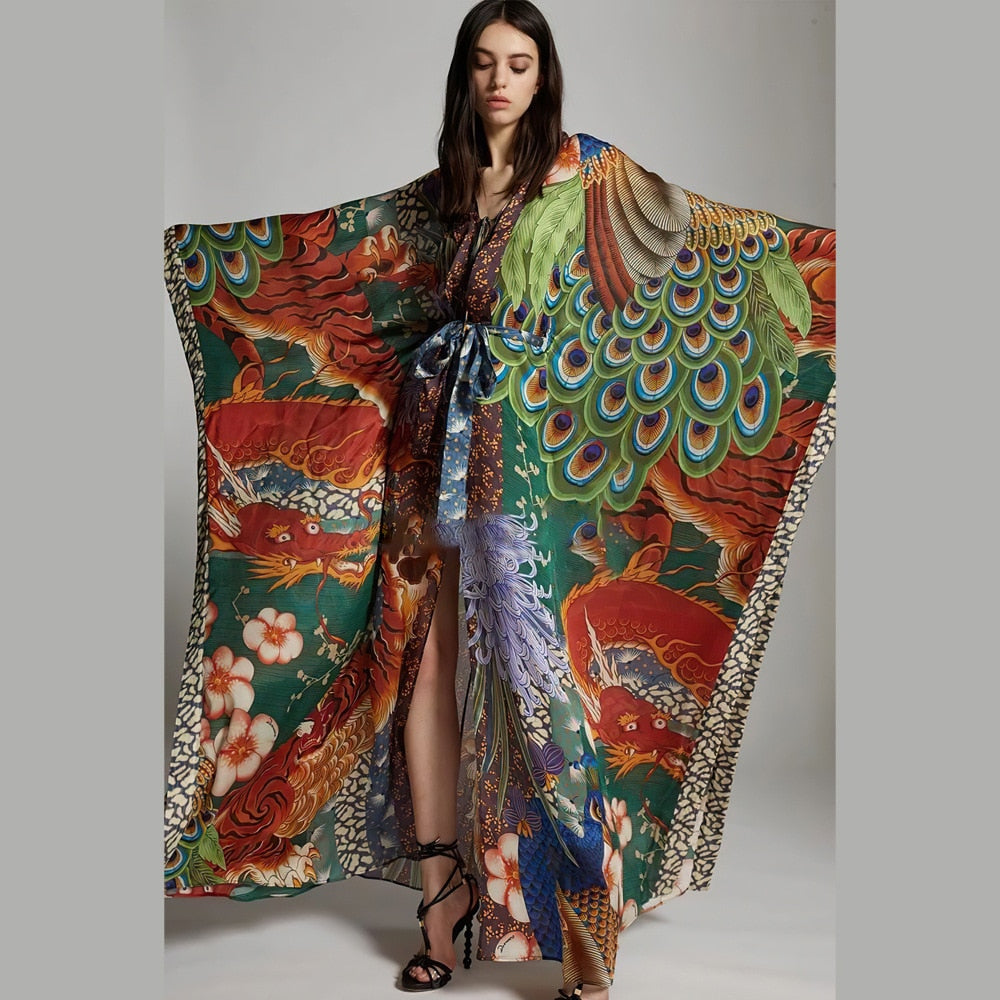 Drespot  Autumn Bohemian Printed Belted Long Kimono Tunic Vintage Plus Size Clothes For Women Batwing Sleeve Maxi Dresses A997