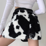 Cow Printed Furry Straight Short Skirt Women Party Harajuku Kawaii High-waisted Korean Fashion Aesthetic Streetwear Iamhotty