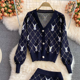 Drespot  Small Fragrance Vintage Knit Two Piece Set Women Sweater Cardigan Coat Crop Top + Mini Skirts Sets Fashion Casual 2 Piece Suits