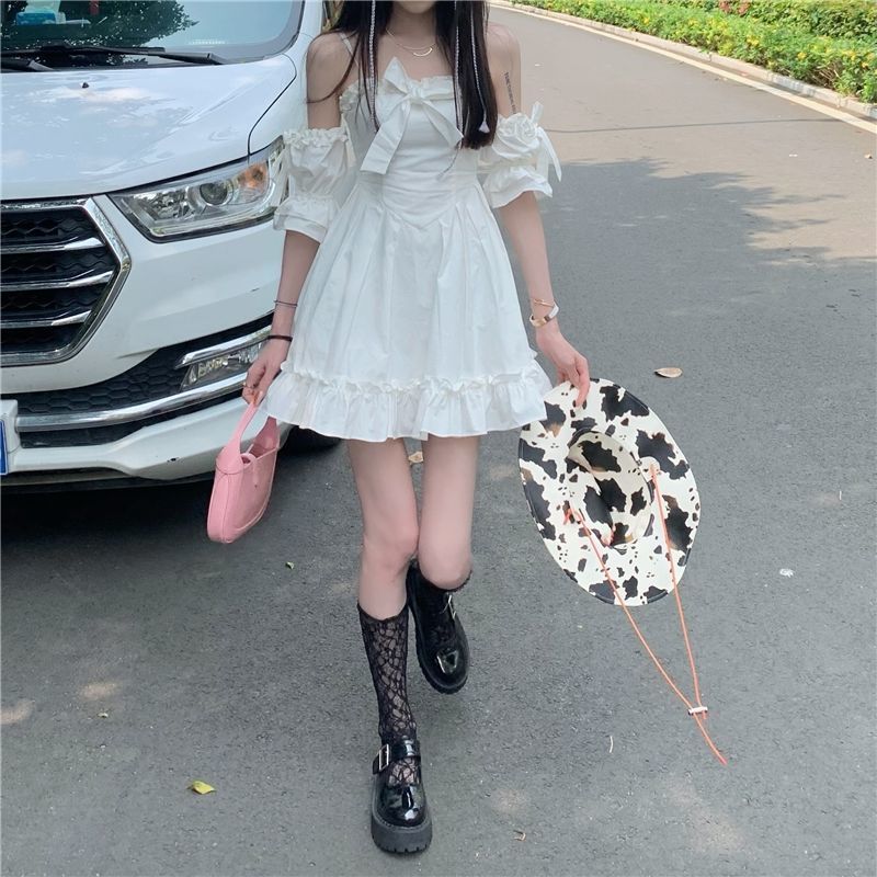 Drespot White Kawaii Fairy Dress for Girls Summer Cute Princess Off Shoulder Ruffle Party Mini Dresses Woman Casual Sundress