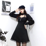 Drespot Black Dress Gothic Lace Patchwork Hollow Out Women Sexy Long Sleeve Dresses Harajuku Oversize Vintage Dark Y2k Outfits