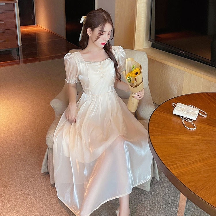 Drespot  Autumn Evening Party Midi Dress Women Long Sleeve Vintage Elegant Pure Color Dress Office Lady Chic One Piece Dress Korean
