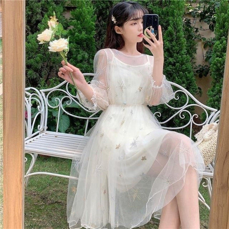 Drespot Princess Fairy Mesh Dress Women Girl Mori Style Sweet Sequin Elegant Kawaii Cute Dresses Party Casual Clothes Fashion