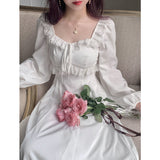 Drespot Vintage Elegant Fairy Princess White Lace Dress Woman French Retro Square Collar Designer Slim Dress  Autumn Clothes