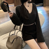 Drespot Korean Style Knitted Cropped Sweater Women Solid Slim Sexy Jumper Female Oversize V-Neck Luxury Elegant Pullover Autumn