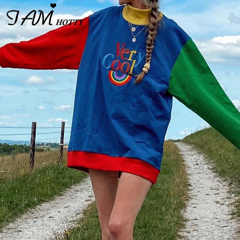 IAMHOTTY  Rainbow Letter Print Oversize Hoodies Women Color Patchwork Long Sleeve Pullove Streetwear Autumn Aesthetic Sweatshirt