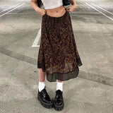 Drespot Boho Printed Mid-Claf Skirts Ruffles Kawaii Long Skirts Grunge Fairycore Aesthetic Straight Skirts Women 2000S Sweetwear