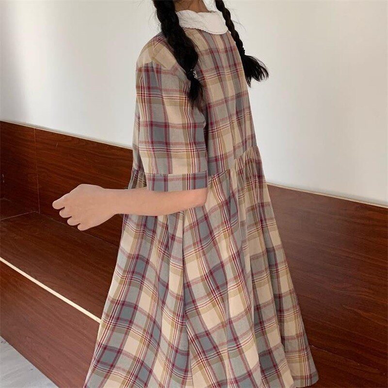 Drespot Vintage Kawaii Plaid Dress Woman Japanese Harajuku Sweet Peter Pan Collar Short Sleeve Dress Robe Sundress Ulzzang Clothes