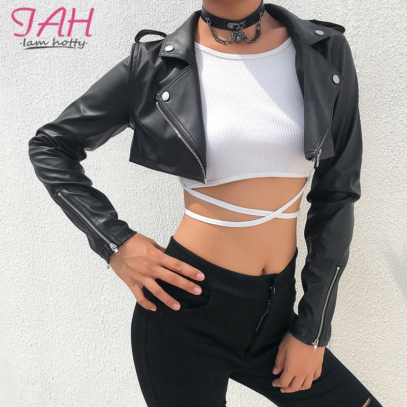 Iamhotty Black PU Leather Crop Jacket Street Wear Punk Style Womens Coats Long Sleeve Turn-Down Zipper Short Jacket 2019 Fashion