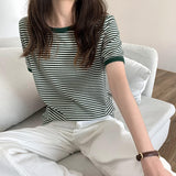 Drespot  New Summer Women's T-shirt Female Fashion Chic Short Sleeve Horizontal Stripe Casual Loose Women's Basic Tops