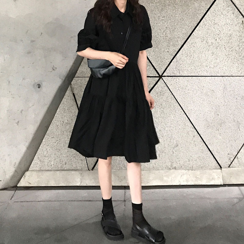 Drespot Summer Balck Shirt Dress  Fashion Korean Style Casual Short Sleeve Button Turn-Down Dresses Streetwear Women Oversized