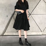 Drespot Summer Balck Shirt Dress  Fashion Korean Style Casual Short Sleeve Button Turn-Down Dresses Streetwear Women Oversized