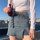 Drespot Y2K Denim Mini Skirt High Rise Front Slit Notched Jean Skirts Teens Egirl Women Grunge Aesthetic Outfit
