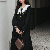 Drespot Elegant Dress Women Navy Sailor Collar Long Sleeve Midi Dress Japanese Preppy Style Kawaii Sweet Vintage Patchwork Robe