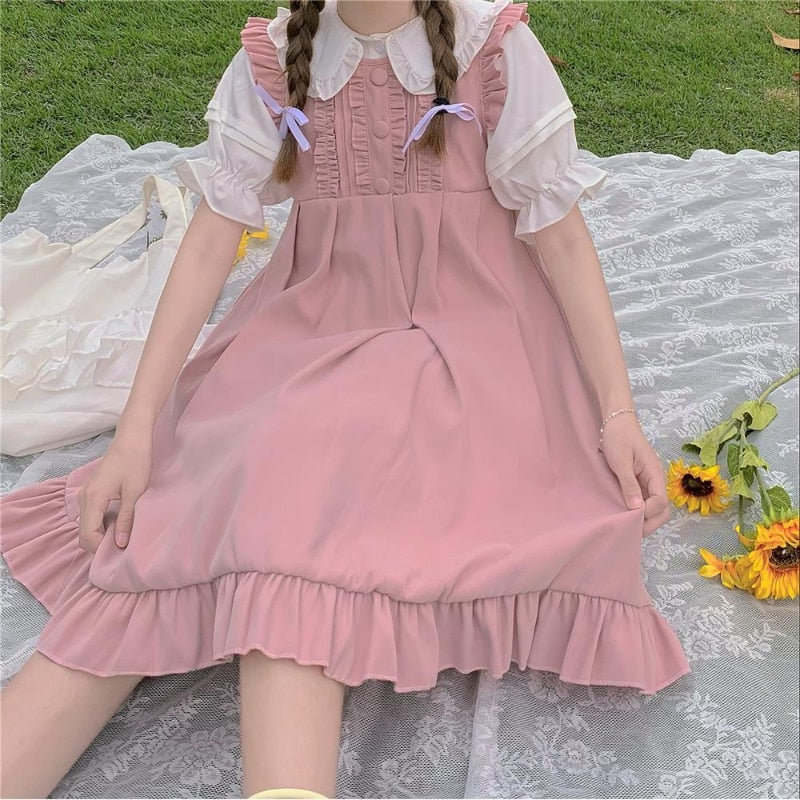 Drespot Kawaii Summer Dress Pink Sweet Lolita Japanese Preppy Style Ruffle Short Dress Cute Vintage Sundresses Women Sleeveless