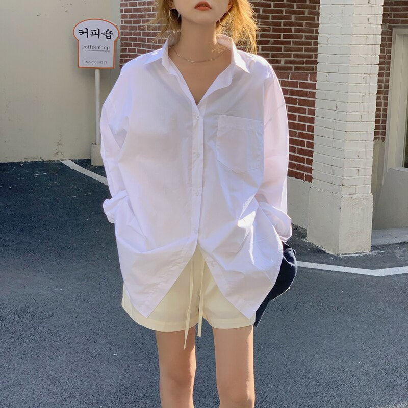 Drespot  New One Pocket Oversize White Women's Blouse Single Breasted Turn-down Collar Female Chic Shirts Tops Spring Autumn