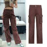Khaki Side Big Pockets Wide Leg Straight Jeans Women Solid Casual Oversized Baggy Denim Pants Mom Street Cargo Pants Iamhotty