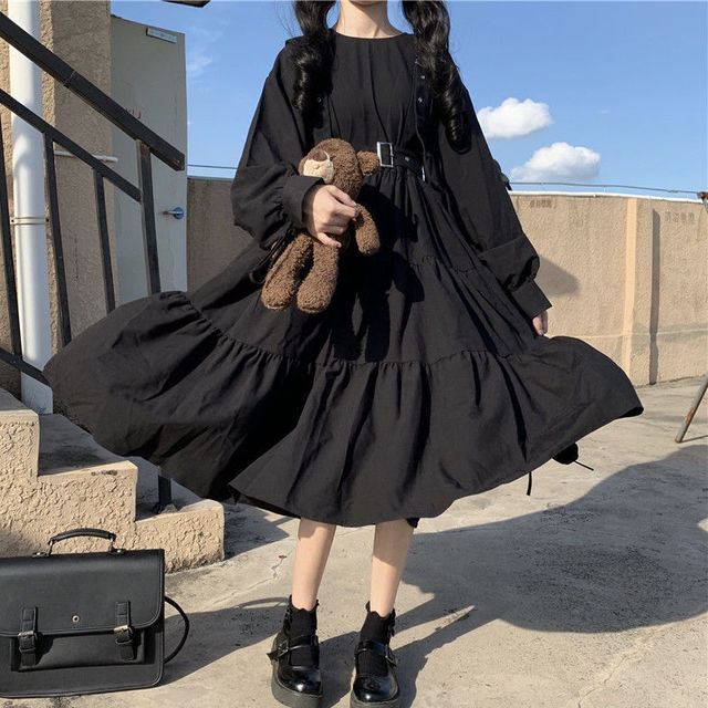 Japanese Gothic Style Black Dresses Women Harajuku Lolita Goth Kawaii Dress Punk Cute Long Sleeve Dark  Midi Vestidos Mujer New