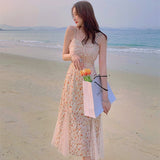 Drespot Elegant Vintage Strap Chic Dress for Women Floral Lace Midi Dresses Female Beach Party One Piece Dress Korean Style  Summer D20