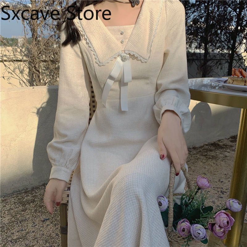 Drespot White Midi Dress Women Casual Long Sleeve Elegant Vintage One Piece Dress Korean  Autumn Outdoor Design Kawaii Clothing Chic