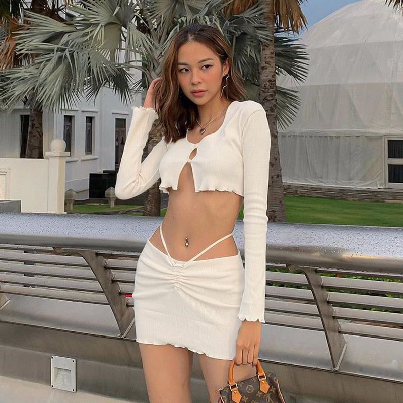 Sexy CropTops With Mini Bandage Skirt Sets Women Summer 2 Piece Solid Cardigan Bodycon Skirt Streetwear Club Matching Outfits