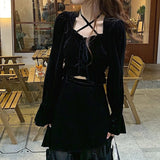 Drespot Drespot  Drespot   Winter Velvet Y2k Midi Dress Women Casual Black Vintage Dress Gothic Long Sleeve Bandage Elegant 2 Piece Set Dress Korean
