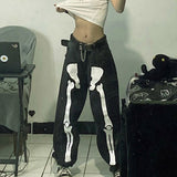 Skeleton Print Gothic Black Jeans Women Vintage Wide Leg Cargo Denim Pants Hip Hop Streetwear Casual Sweatpants New Iamhotty