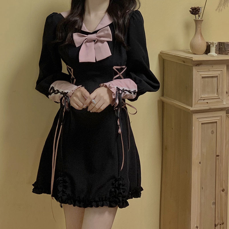 Drespot Gothic Kawaii Black Ruffle Bandage Grunge Dress Women Soft Girl Harajuku Fairy Princess Mini Dresses  Autumn Goth Emo