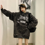 Drespot Gothic Zebra Striped Hoodie Women Harajuku Fashion Print Oversize Hooded Streetwear Pockets Long Sleeve Sweatshirts Top