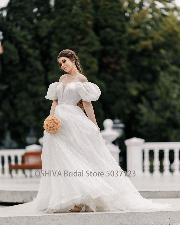 Glitter A Line Two Pieces Wedding Dresses with Detachable Skirt Off Shoulder Short Puff Sleeves Bridal Party Gowns Princess
