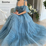 Drespot Blue Long Prom Dresses Sweetheart Crumpled Tulle Ruffles Evening Dresses Off Shoulder Tiered A-Line Party Dresses Bow Belt