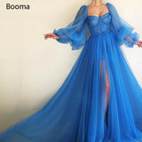 Drespot  Simple Blue Prom Dresses Long Puff Sleeves Exposed Boning Illusion Evening Dresses High Slit Tulle A-Line Formal Gowns