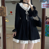 Drespot Vintage Kawaii Black Dress Soft Girl Japanese Harajuku College Style Ruffles Falre Sleeve School Student Cute Clothes