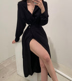 Drespot Women Single Breasted Midi Lace Up Slim Solid Shirt Dress Long Sleeve Elegant Vestidos Femme