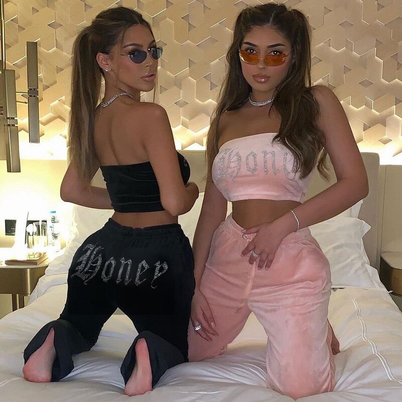 Drespot Letter Print Women's Summer Suits High Street Sleeveless Strapless Cropped And Solid Loose Sweatpants Matching Sets Female
